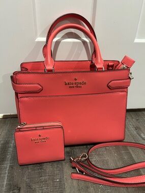 kate spade coral-pink satchel with matching wallet and strap